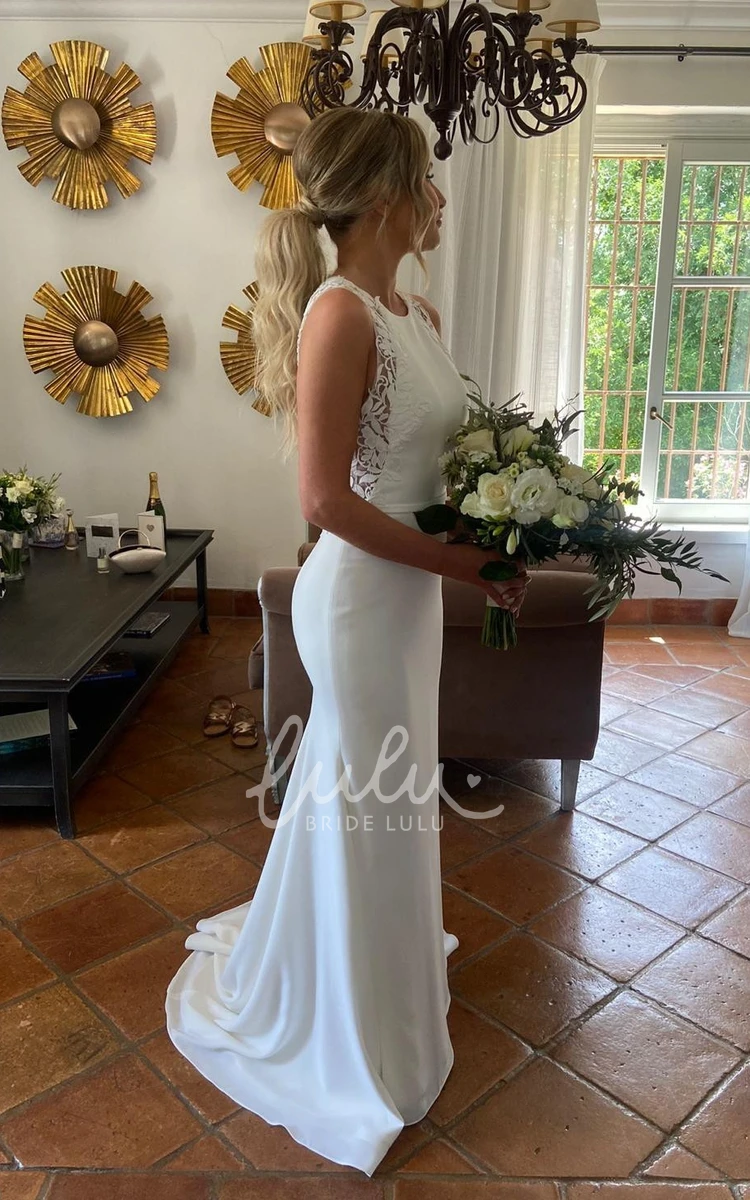 Simple Sheath Jewel Wedding Dress Lace Neck with Satin Sweep Train Keyhole Back