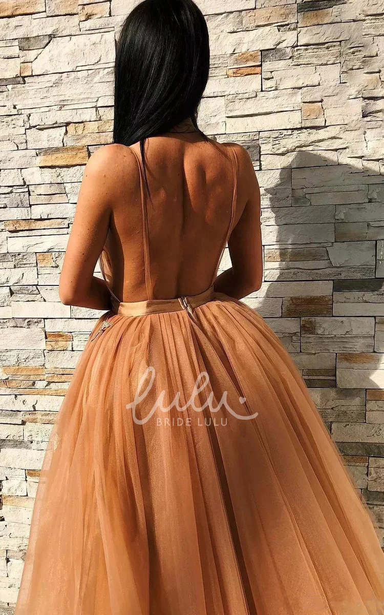 Sexy Sleeveless Tulle Ball Gown Homecoming Dress with Plunging Neckline and Appliques