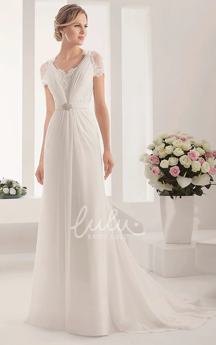 A-Line Chiffon Wedding Dress with Modest Lace Short-Sleeve and Shiny Waist