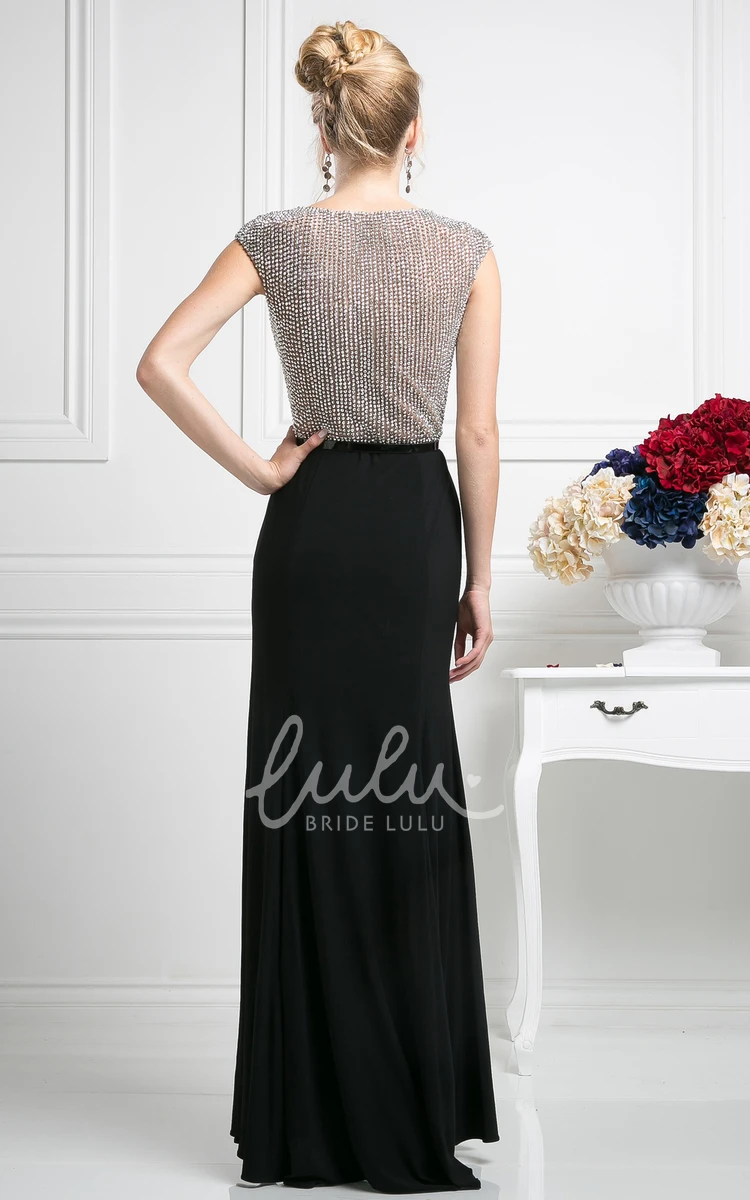 Floor-Length Scoop-Neck Cap-Sleeve Jersey Dress With Beading Sheath