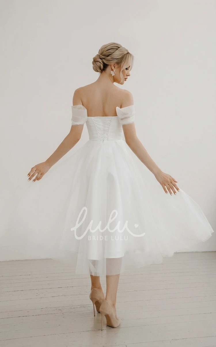 Tulle Simple Sexy Adorable Modern A-Line Off-the-shoulder Sweetheart Garden Petite Tea-length Pleats Sleeveless Backless Lace-up Back Wedding Dress Gown