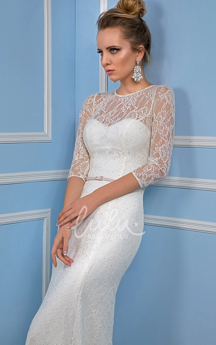 Lace Sheath Wedding Dress with Ribboned Scoop Neck and Brush Train 3/4 Sleeve