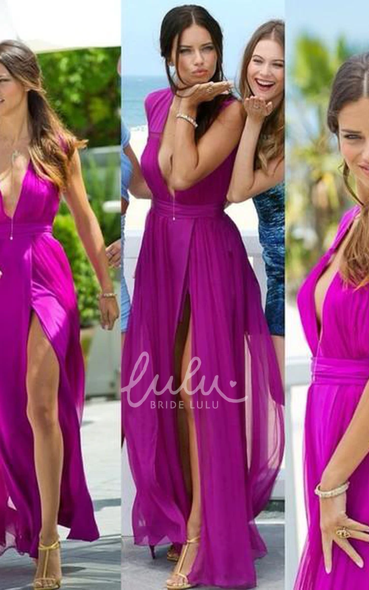 Sexy Deep V-neck Womens Prom Dresses Long Chiffon Slit Evening Party Gowns on Sale