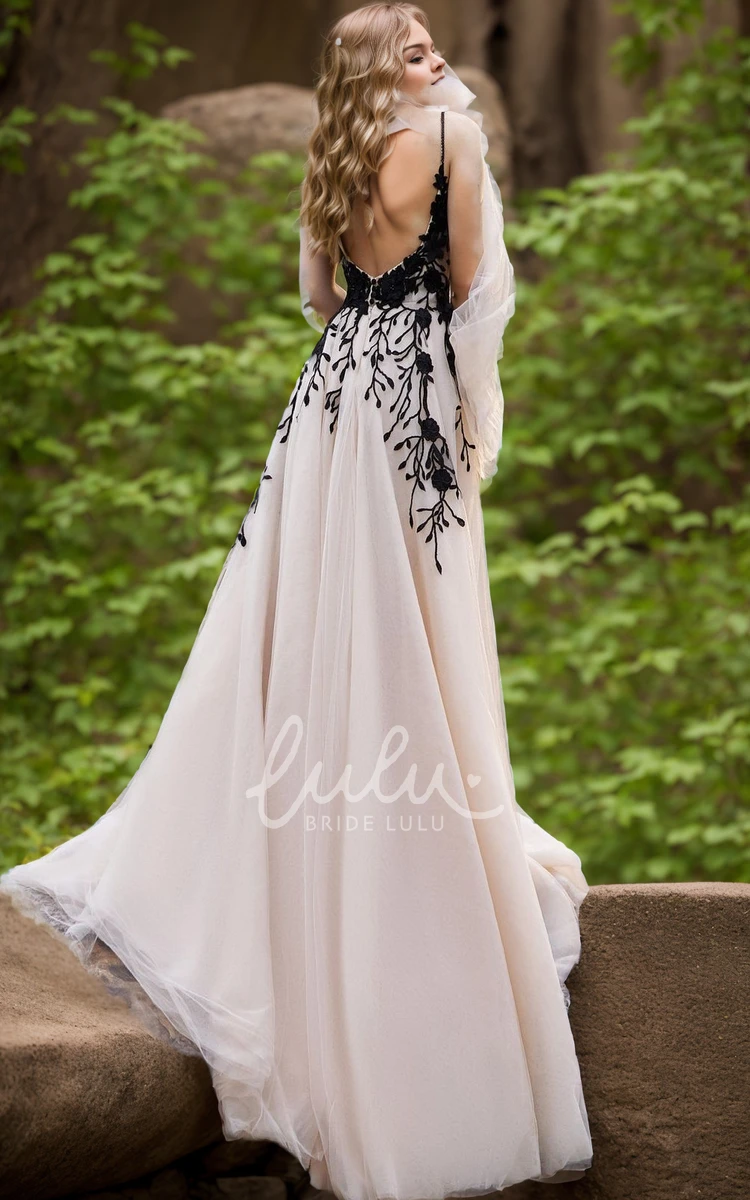 Sexy Modern A-Line Straps Court Train Black Lace Tulle Wedding Dress Romantic V-Neck Sleeveless Bridal Gown