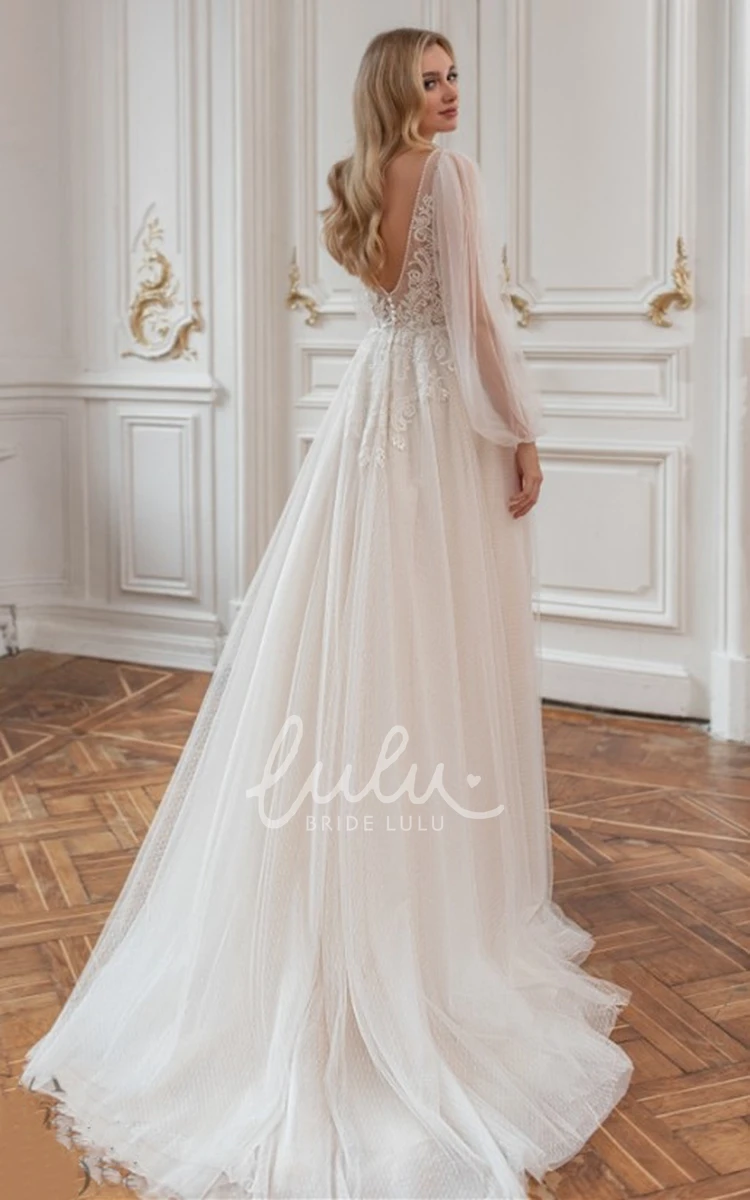 Charming Tulle Plunging Neck Wedding Dress with Appliques and Train A-Line Wedding Dress