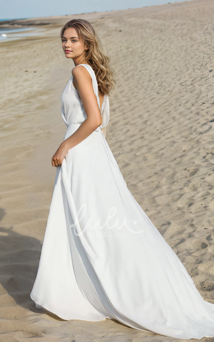 Western Beach Flowy Boho Lace A-Line Wedding Dress Wrap Summer Modest V-Neck Low Back Bridal Gown with Court Train