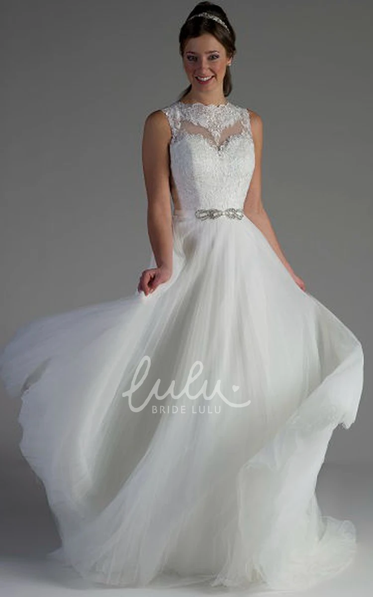 Lace Top Beaded A-Line Tulle Wedding Dress with Scalloped High Neck