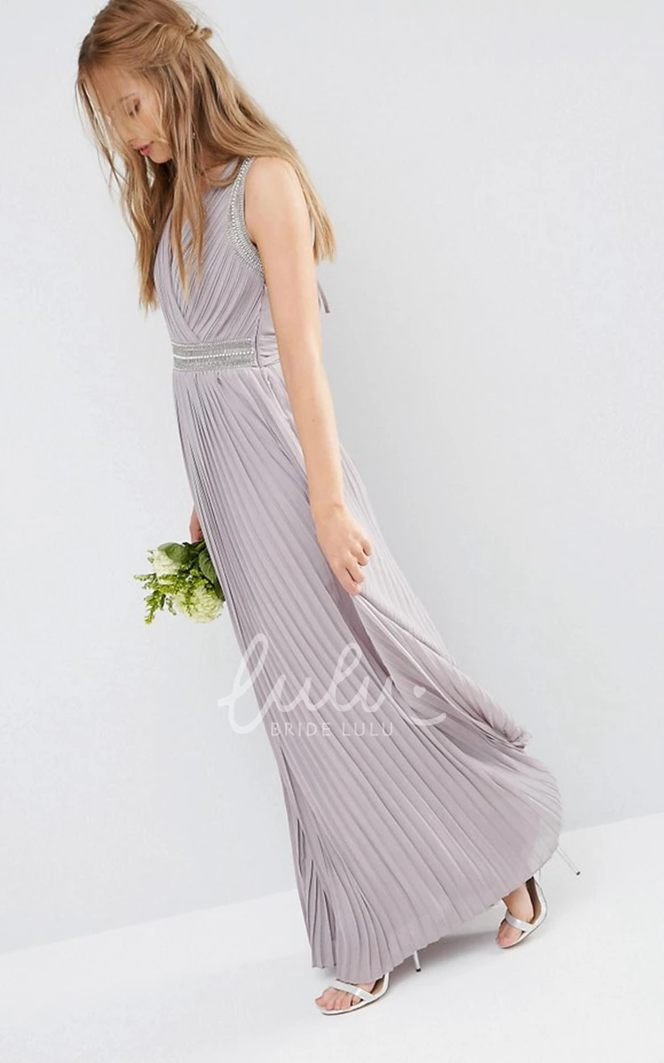 Ruched V-Neck Chiffon Bridesmaid Dress with Beading Ankle-Length