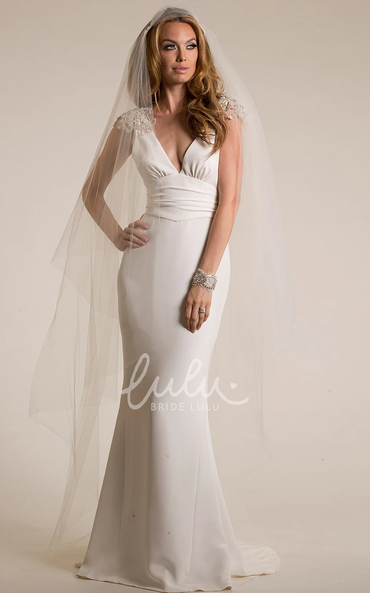 Cap-Sleeve V-Neck Sheath Wedding Dress with Epaulet Elegant Floor-Length Gown