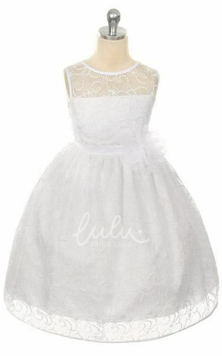 Illusion Tea-Length Satin Flower Girl Dress with Tiered Lace
