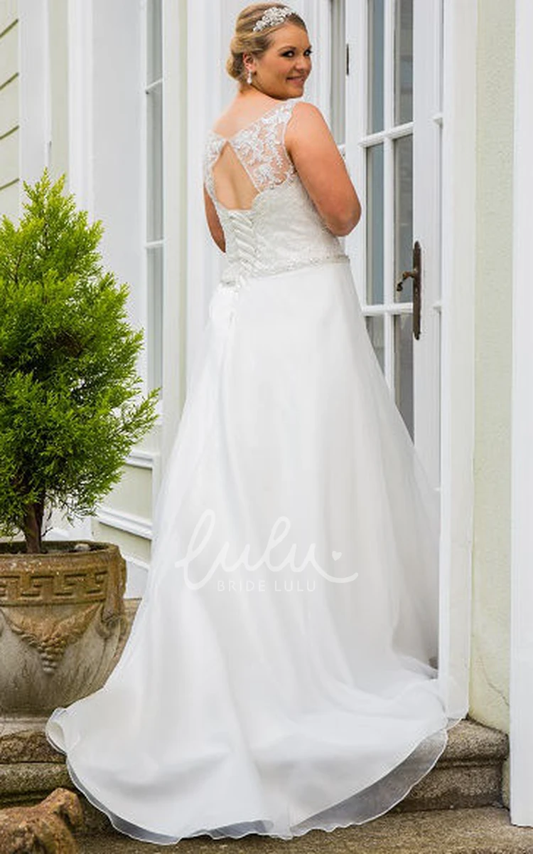 A-Line Wedding Dress with Lace Top Crystal Sash Lace-Up Back and Keyhole
