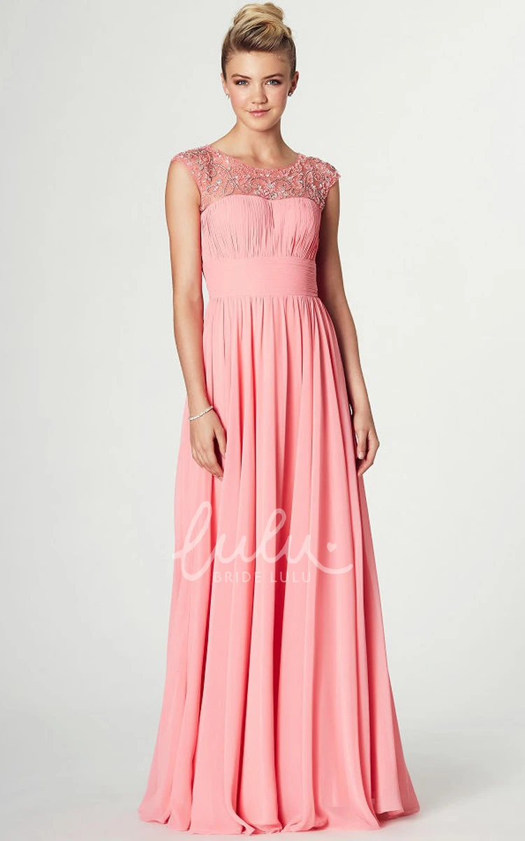 Maxi Sleeveless Chiffon Prom Dress with Ruched Scoop Neck Flowy Bridesmaid Dress