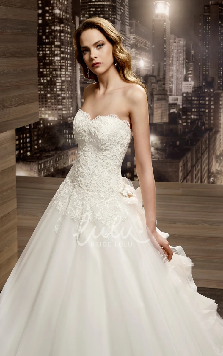 Lace-up Back A-line Wedding Dress with Strapless Appliques and Ruching Train Classy Bridal Gown