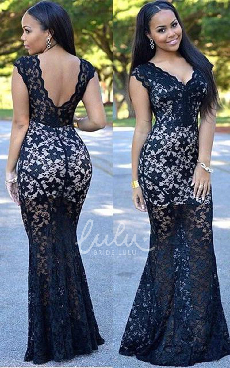 Elegant Black Lace V-Neck Mermaid Prom Dress with Long Train