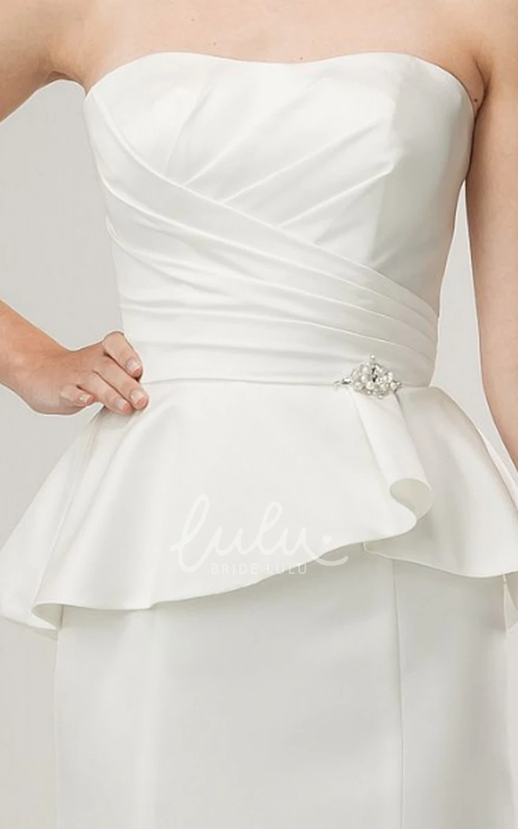 Satin Strapless Peplum Wedding Dress with Ruching Floor-Length Sheath