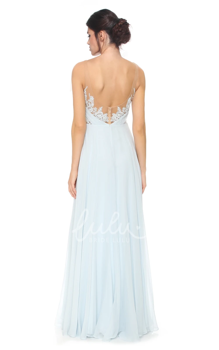 Chiffon Pleated Bridesmaid Dress with Appliques and V-Back Floor-Length Sleeveless Scoop Neck