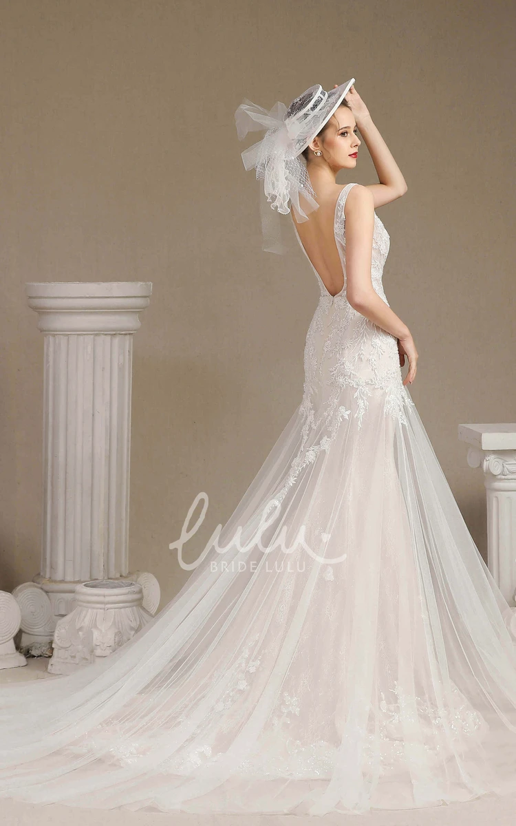 Lace Plunging Mermaid Appliqued Wedding Dress With Chapel Train Classy Elegant Bridal Gown