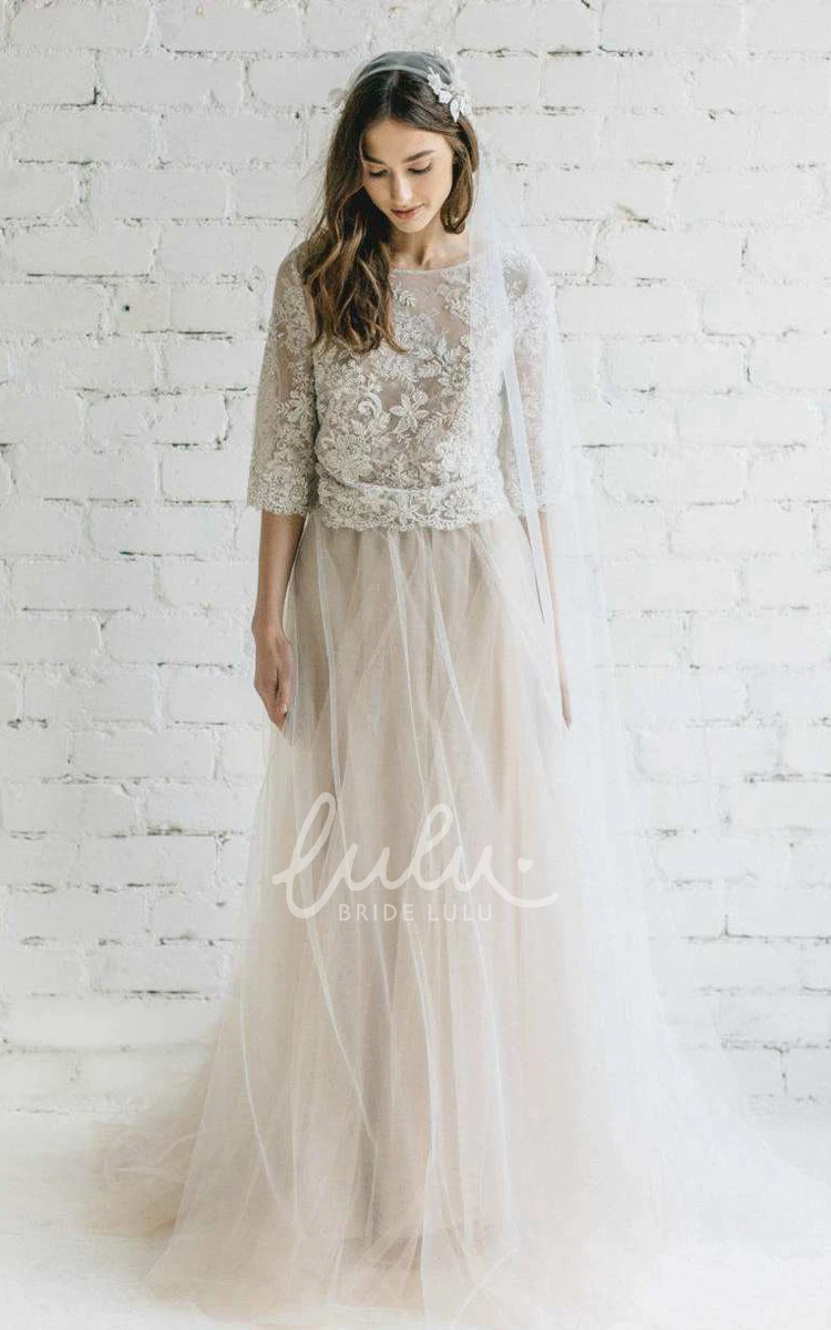 A-Line Tulle Dress with Low-V Back Bateau Half Sleeve Lace Romantic