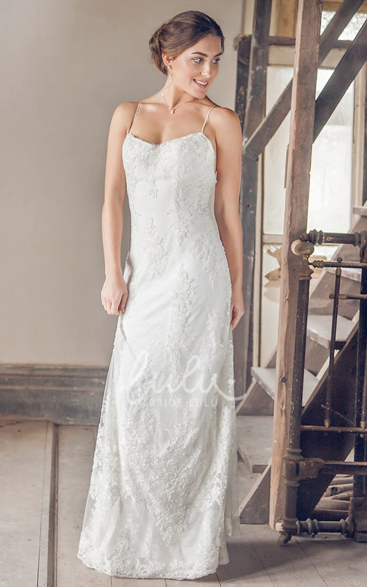 Sleeveless Lace Appliqued Wedding Dress Long Spaghetti