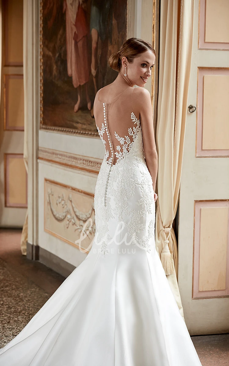 Trumpet V-Neck Satin Wedding Dress with Appliques and Sleeves