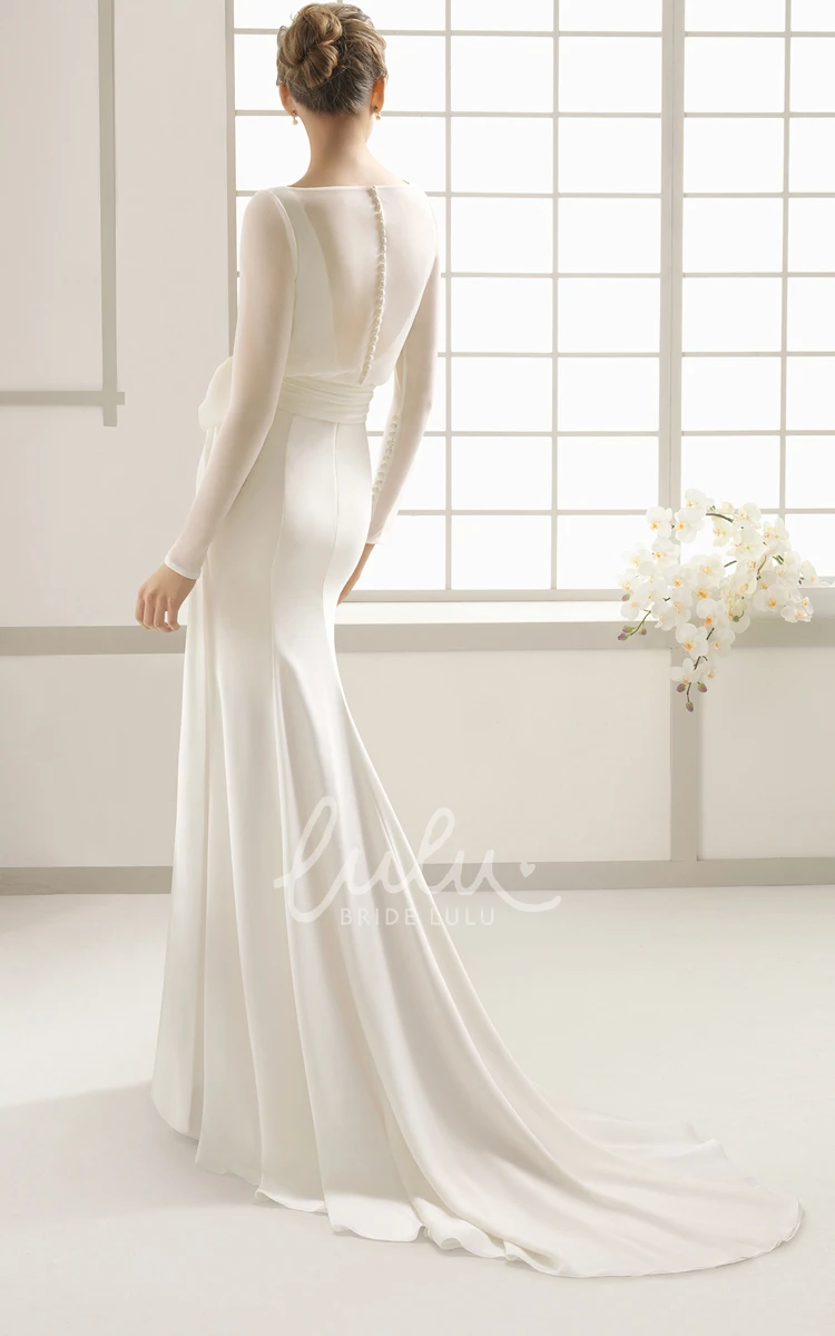 Chiffon Dress with Decorative Buttons and Bow Flowy Long-Sleeved Bridal Gown