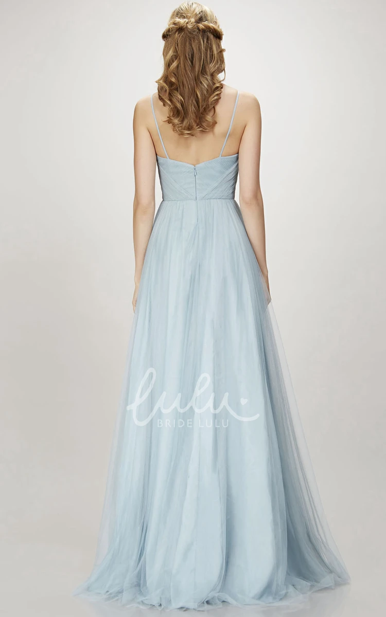 Sleeveless Ruched Tulle Bridesmaid Dress with Spaghetti Straps