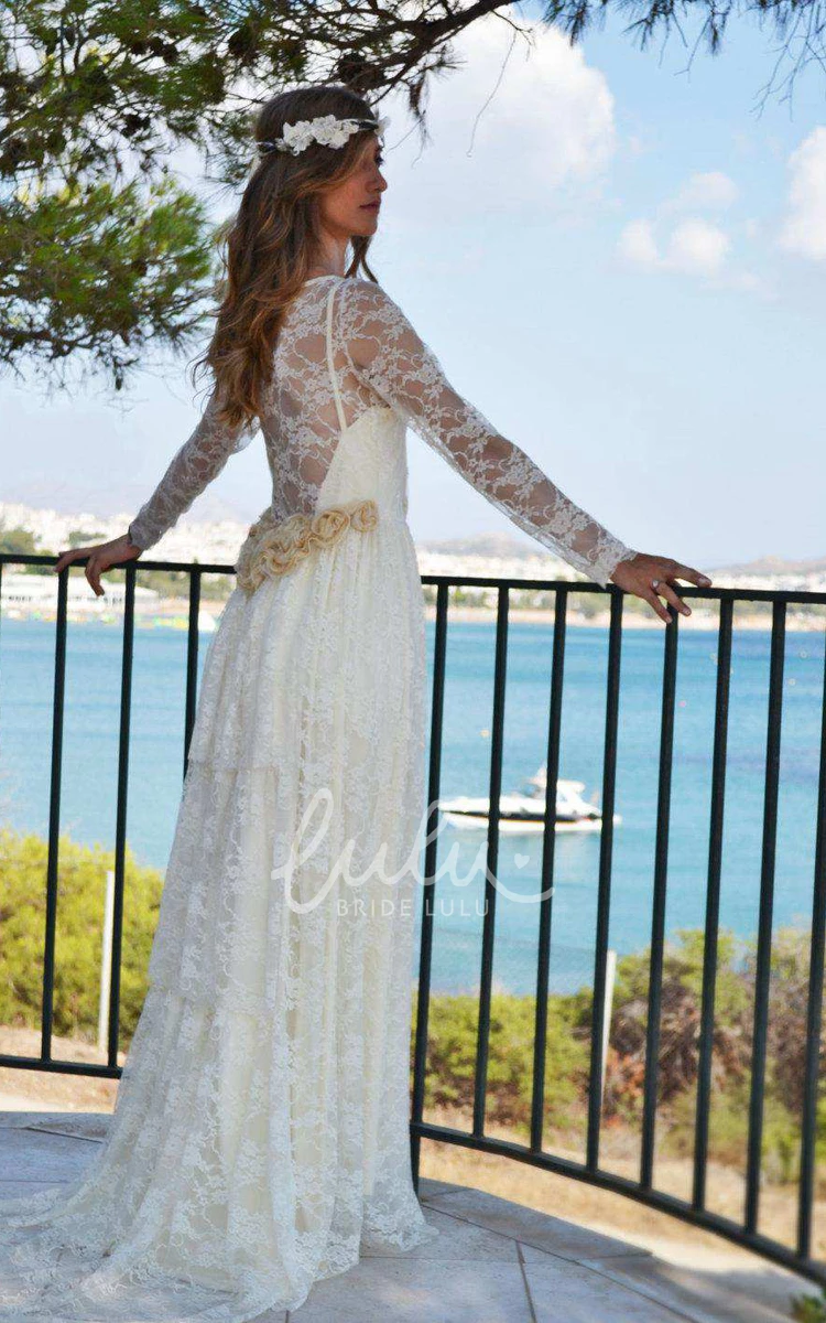 Pleated Lace Wedding Dress with Illusion Scoop Neck and Long Sleeves