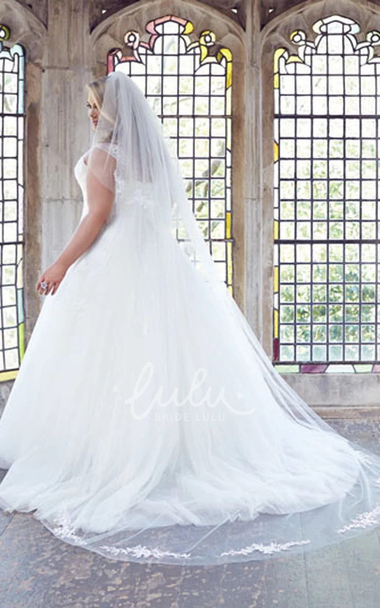 Tulle A-Line Wedding Dress with Court Train and Illusion Back Sleeveless Floor-Length Scoop Neck