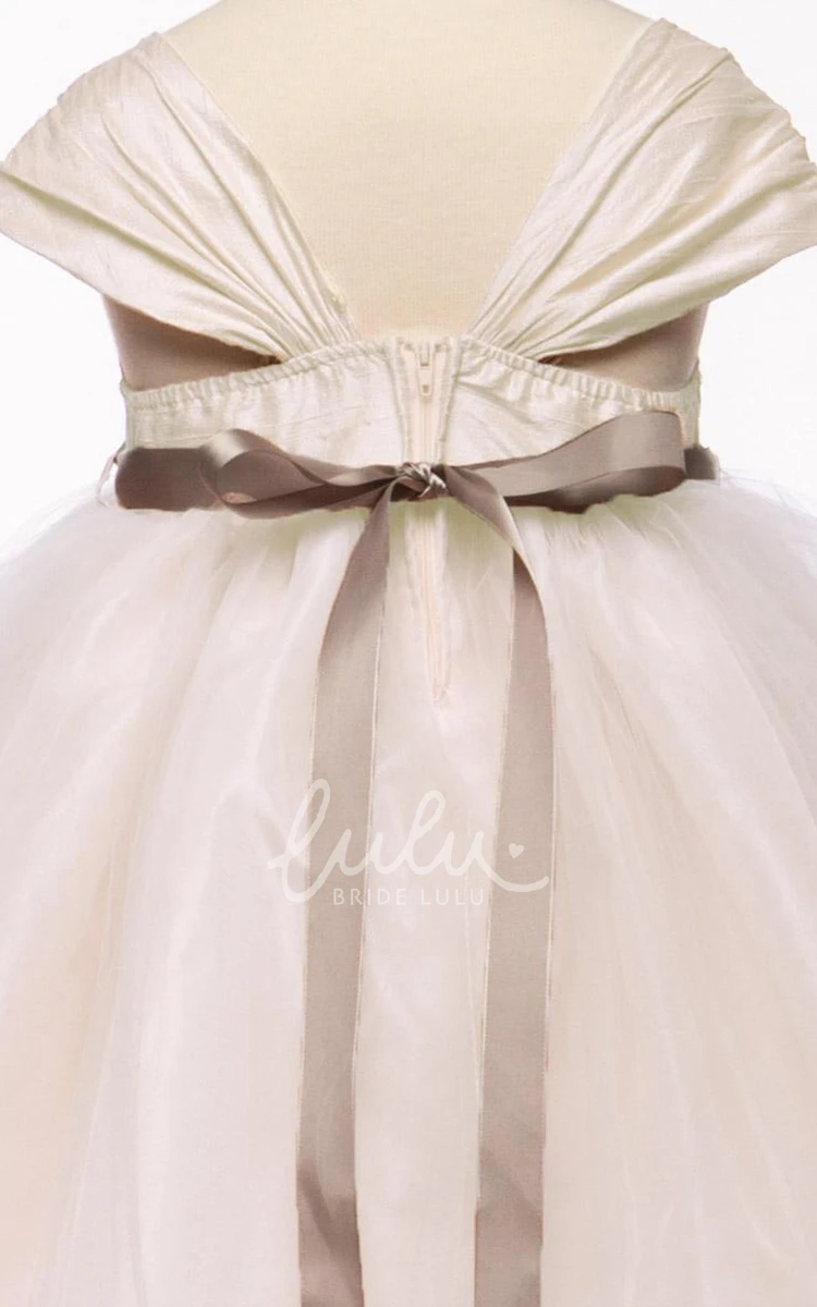 Cap-Sleeve Tulle & Satin Ruched Tea-Length Flower Girl Dress Modern Wedding Dress