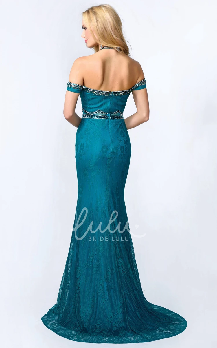 Halter Lace Bridesmaid Dress with Beading and Backless Design