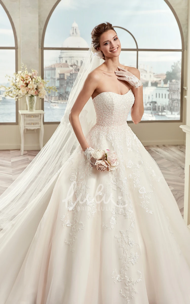 Beaded A-Line Wedding Dress with Sweetheart Neckline and Floral Appliques