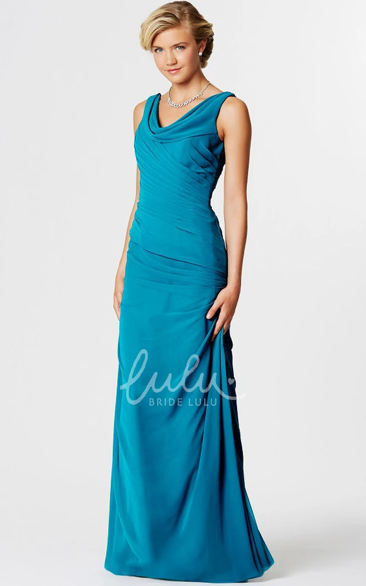 Floor-Length Chiffon Bridesmaid Dress with Ruched Cowl Neck and Sleeveless Design