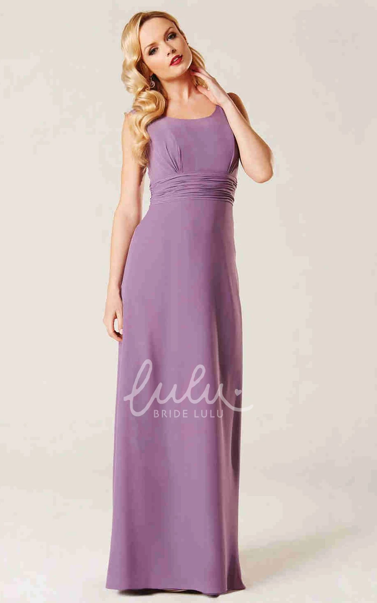 Sleeveless Chiffon Ruched Scoop Neck Bridesmaid Dress with Illusion Back