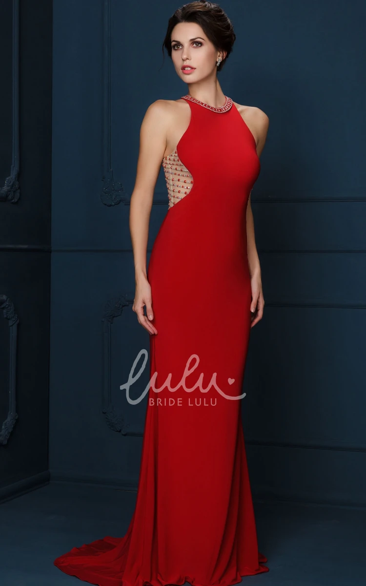 Long Scoop-Neck Sheath Beaded Evening Dress