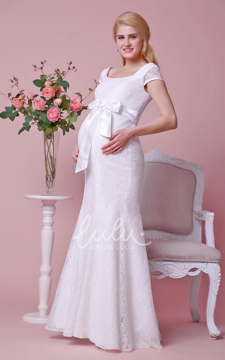 Maternity Lace Mermaid Wedding Dress Cap-Sleeve & Empire Waist