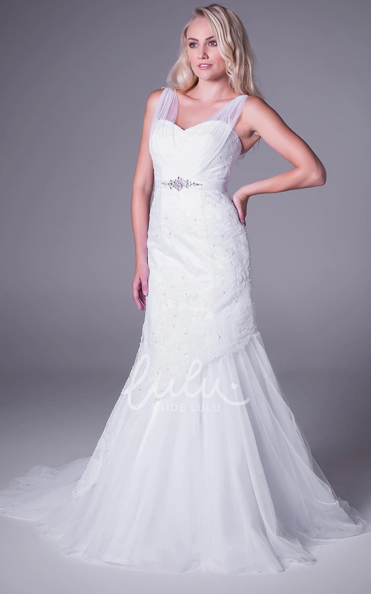 Trumpet Tulle Wedding Dress with Appliques and Jeweled Waist Sleeveless and Strapped