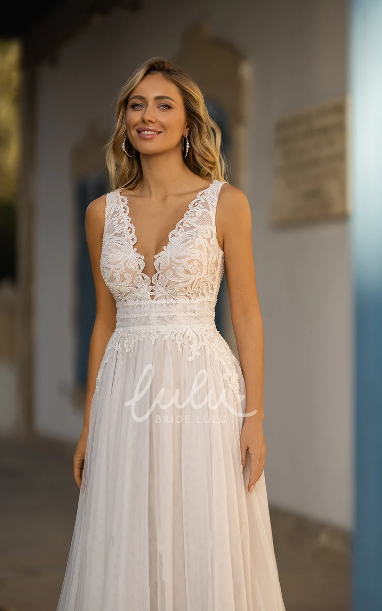 Sleeveless Plunging V-neck  Romantic Empire A-Line Lace Wedding Dress with Sweep Train