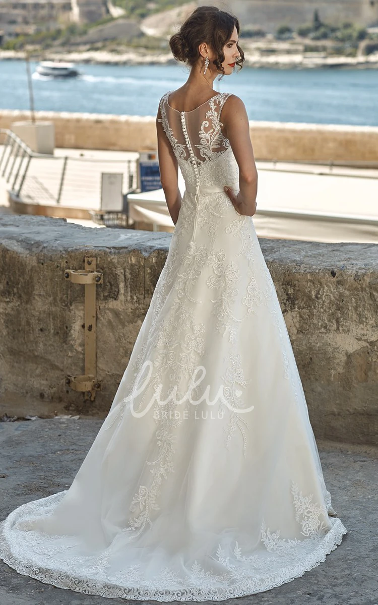 Sleeveless A-Line Lace Wedding Dress Scoop-Neck & Floor-Length