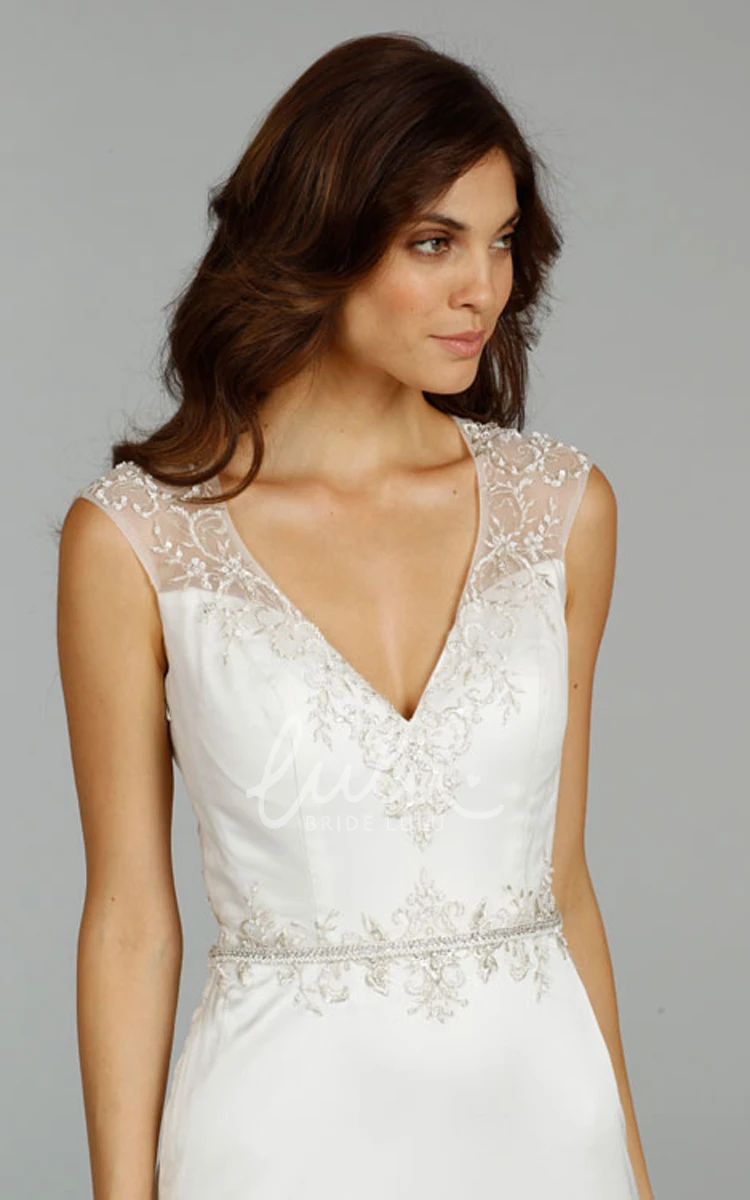 Charmeuse Cap Sleeve Beaded Wedding Dress with Sheer Back Elegant Ivory