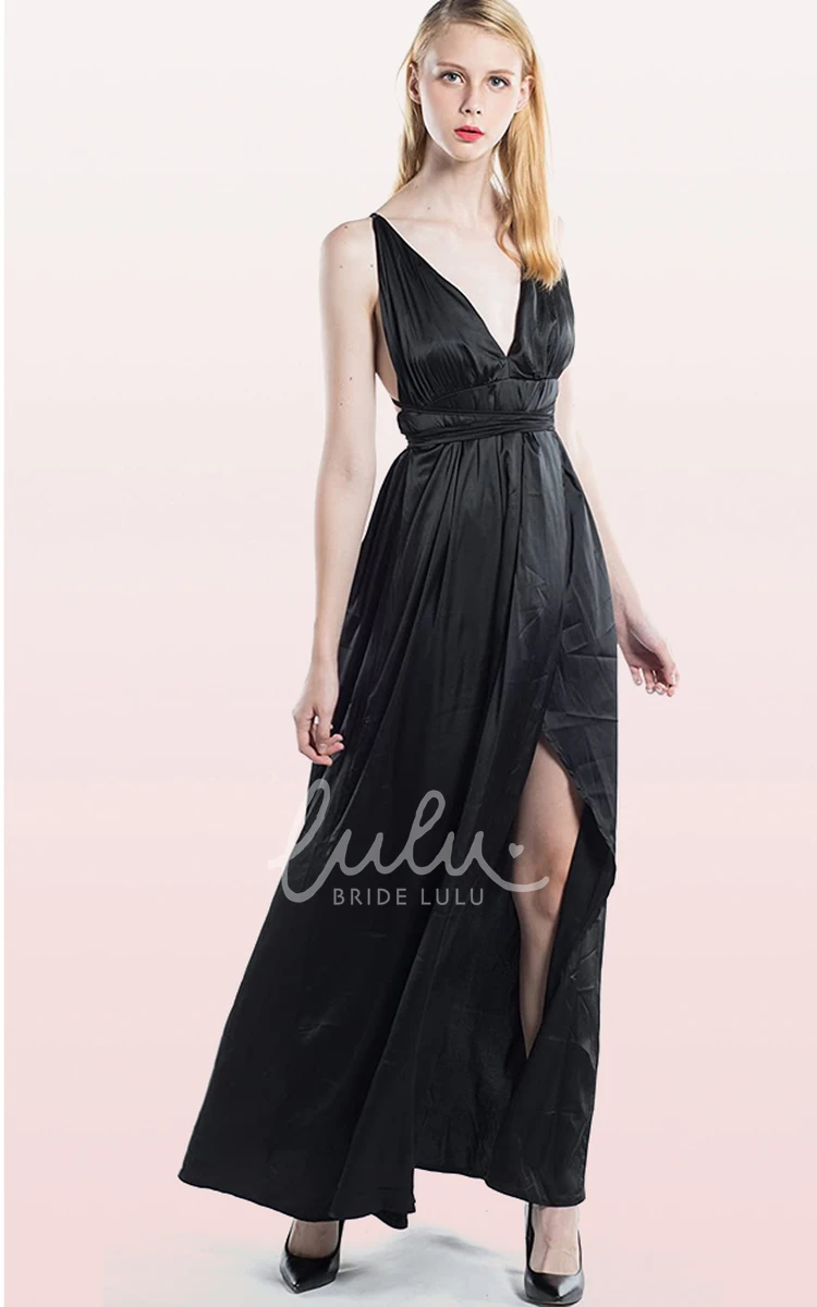 Romantic Satin V-neck A-line Guest Dress with Ruffles and Split Front Formal Dress