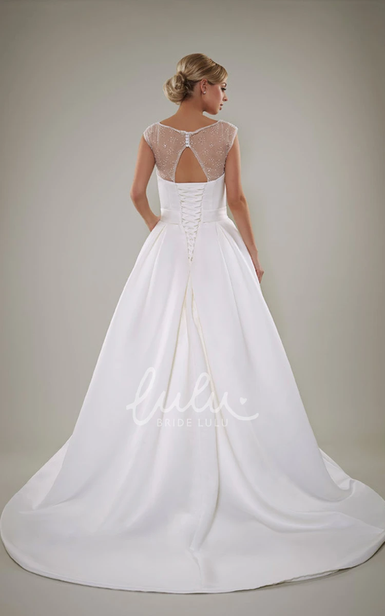 Cap-Sleeve A-Line Satin Wedding Dress with Beaded Scoop Neckline Floor-Length Skirt Keyhole Back and Waist Jewelry