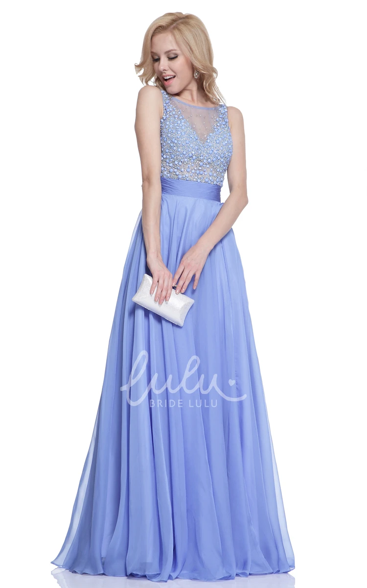 A-Line Chiffon Beaded Formal Dress with Low-V Back and Pleats