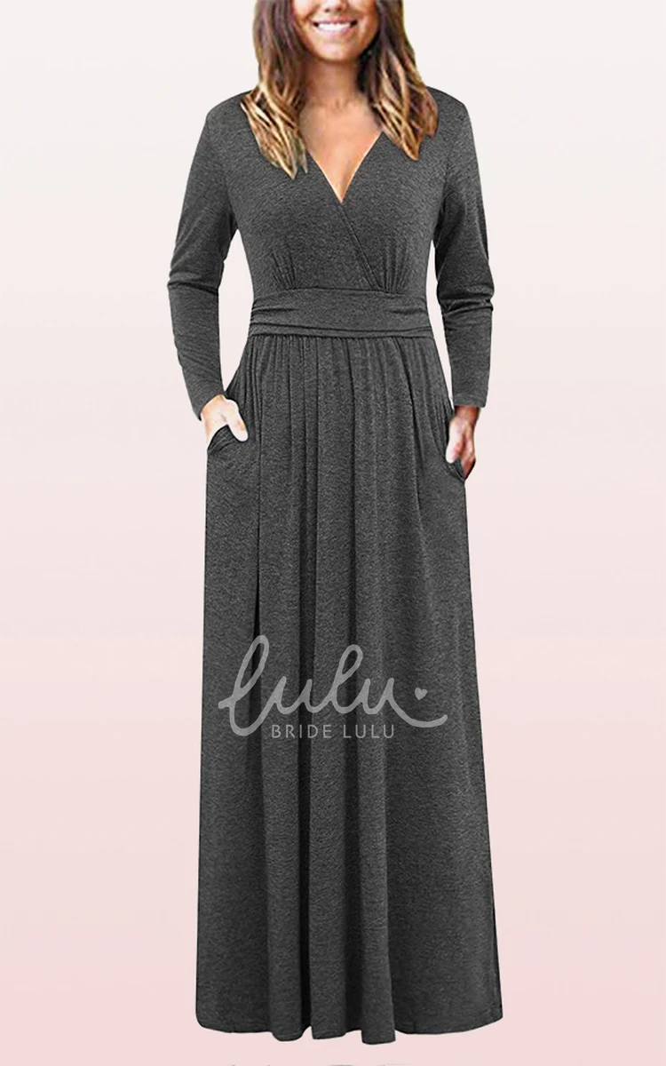 V-Neck A-Line Guest Mother Dress with Pockets Elegant Jersey