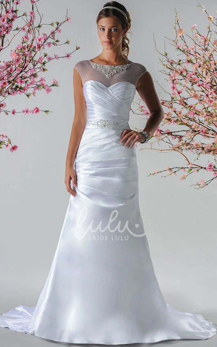 Crystal Sash Sheath Taffeta Bridal Gown with Cap Sleeve and Pearl Neckline