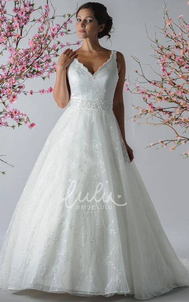 Embroidered Tulle Wedding Dress with Scalloped V-Neck and Sash
