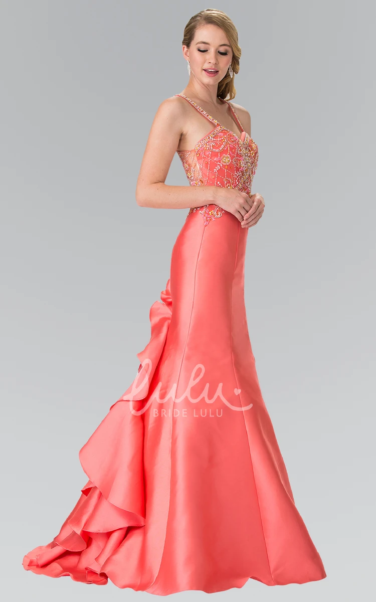 Satin Spaghetti Sheath Formal Dress with Beading and Ruffles