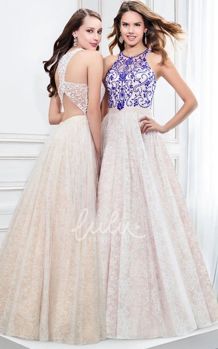 A-Line Beaded Lace Scoop Neck Prom Dress Sleeveless with Pleats