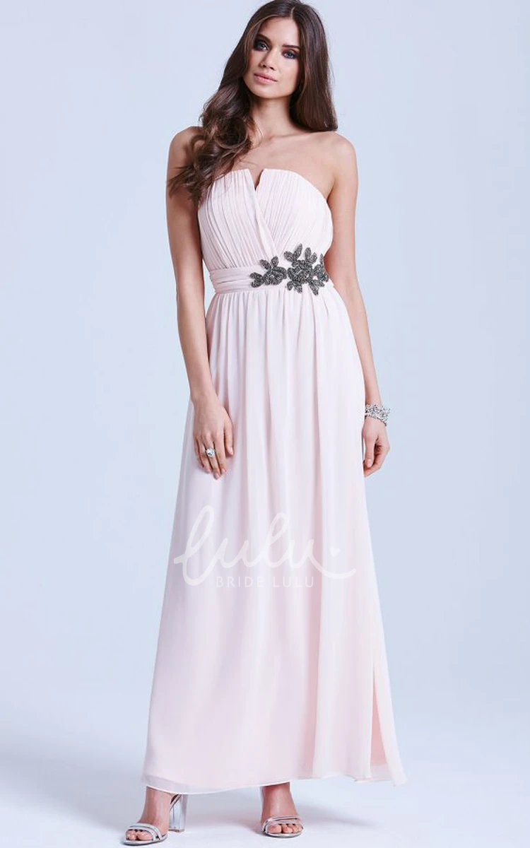 Beaded Chiffon Bridesmaid Dress with Ruching Sleeveless Ankle-Length