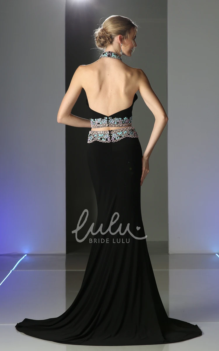 High Neck Sleeveless Jersey Two-Piece Formal Dress with Beading