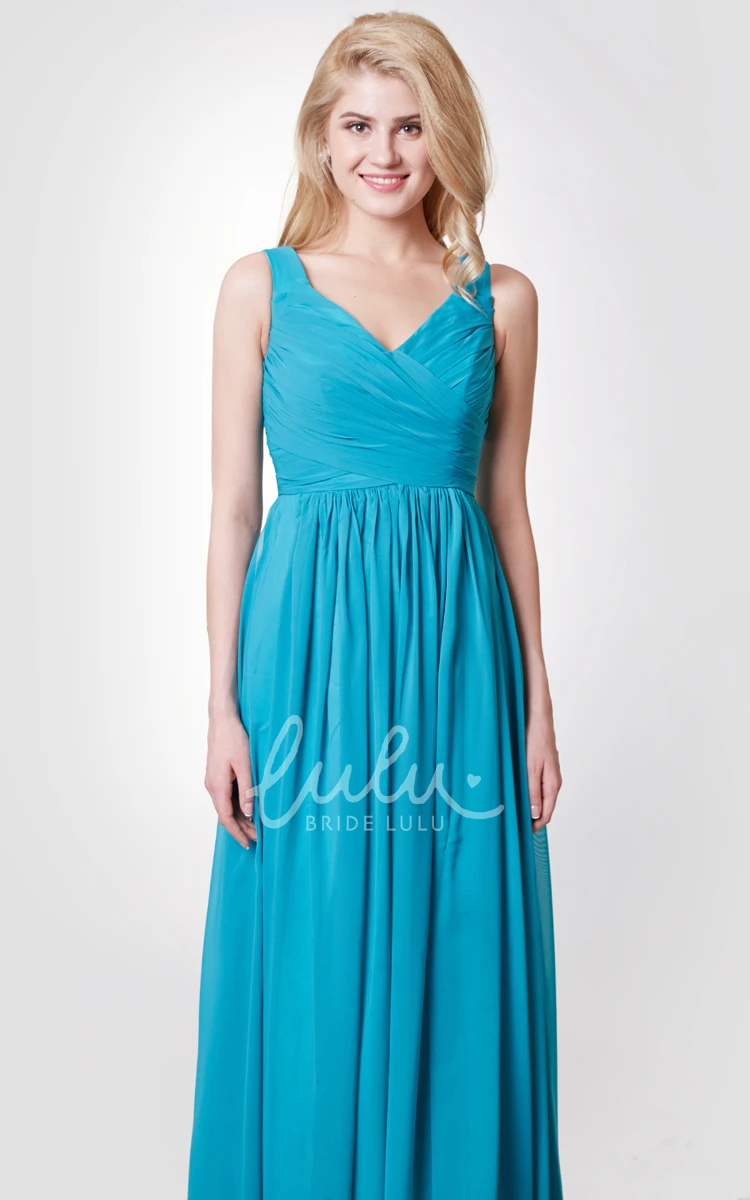 Chiffon Bridesmaid Gown with V-neck and Squared Back Ruching